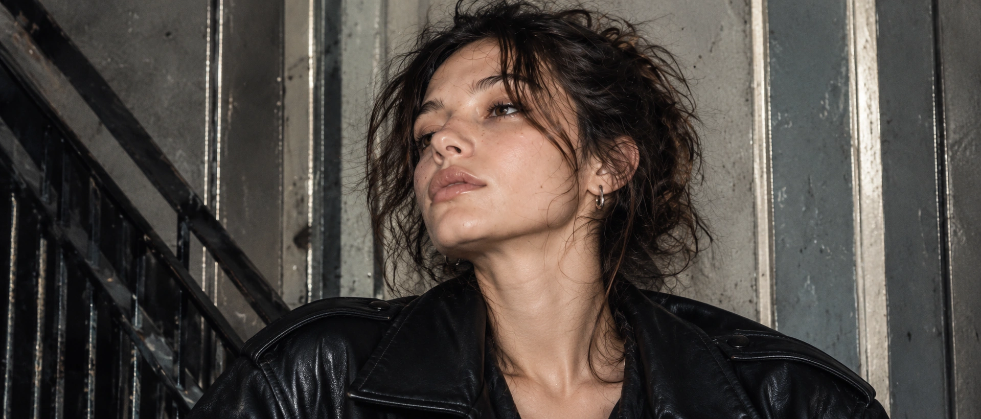 Illustrative editorial portrait in an urban doorway